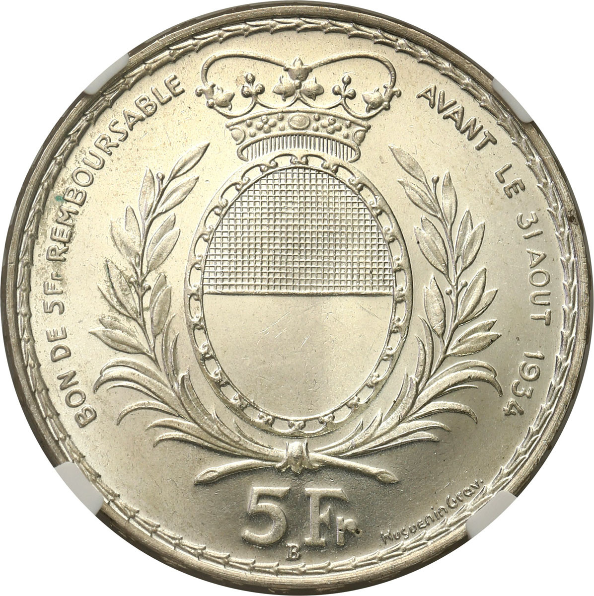 Szwajcaria. 5 franków 1934, Freiburg NGC MS66